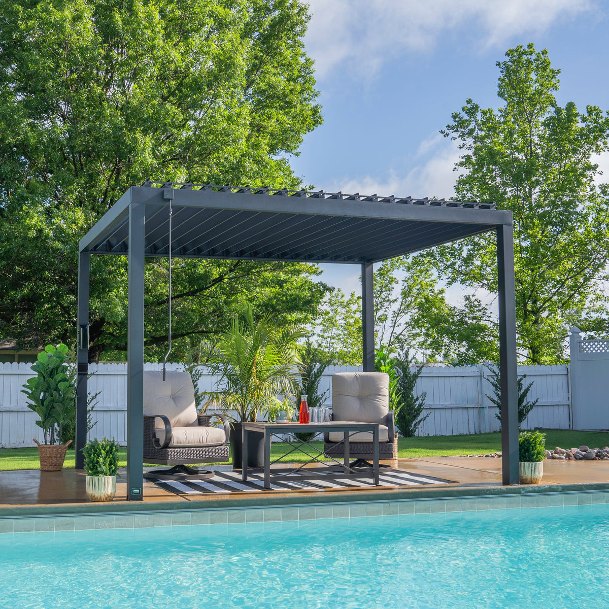 Modern louvered steel pergola from Gaddy Gear